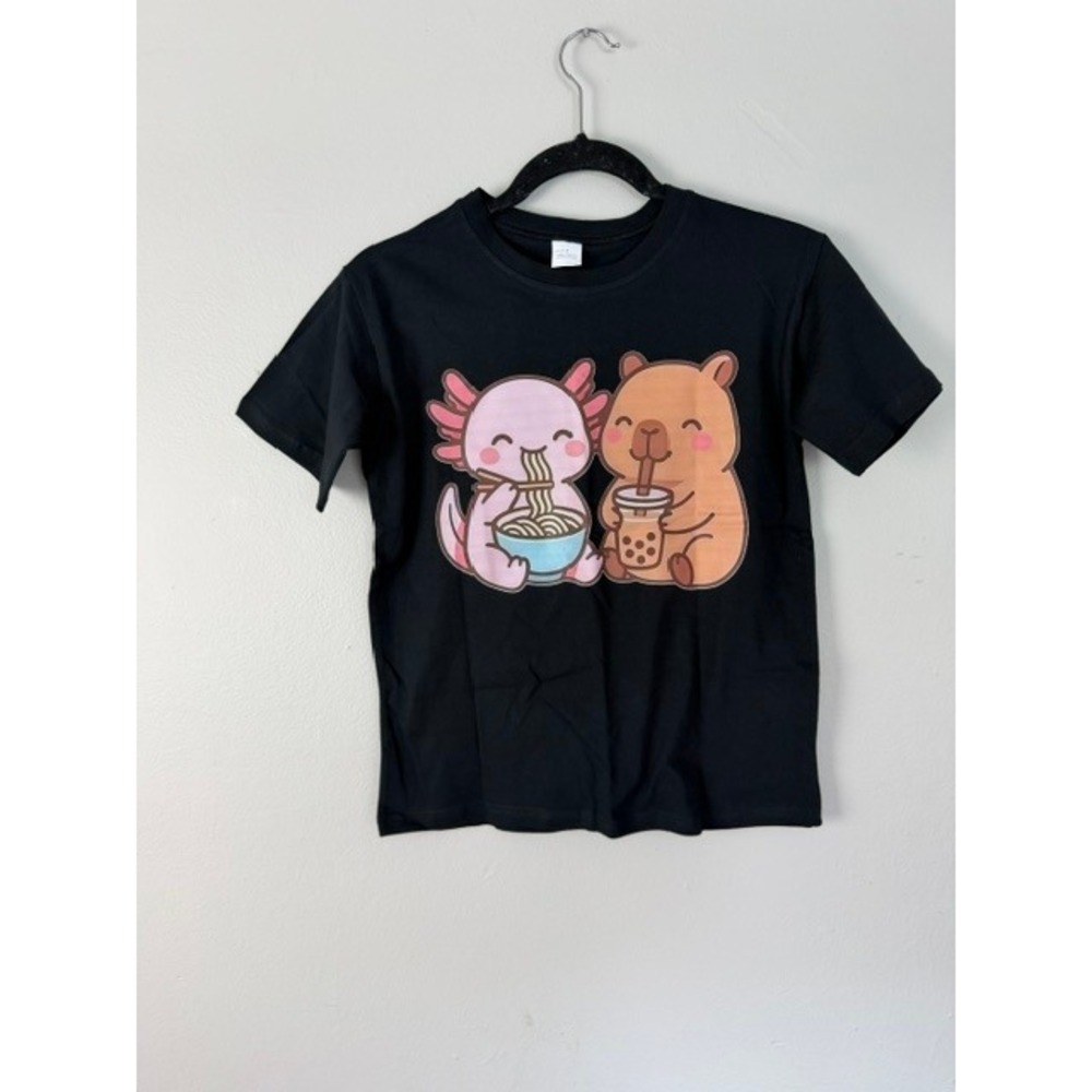 Kids Axolotl Ramen and Capybara Boba Tea Graphic T-Shirt Black Size M